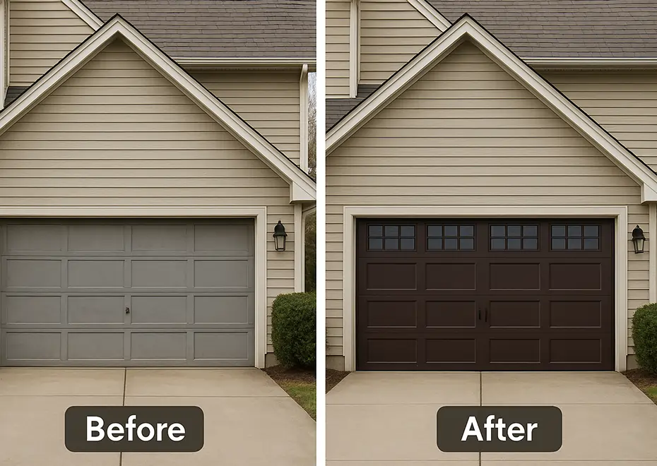 DSide-by-side view of old gray garage door and new brown door with windows.