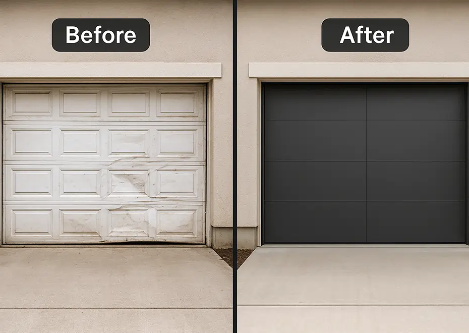 Before: Damaged old white residential garage door