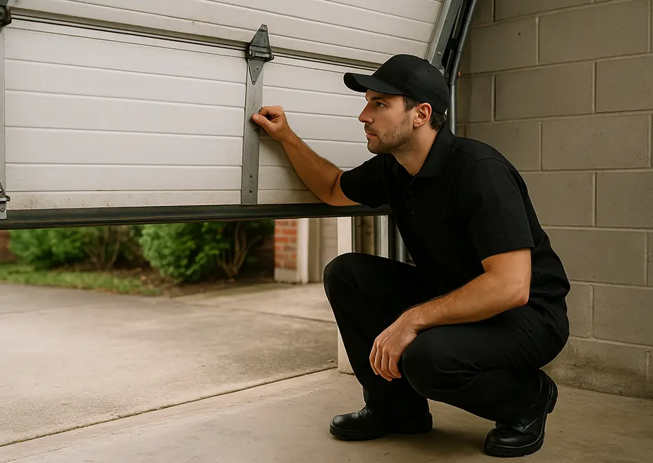 Technician in black inspecting stuck garage door