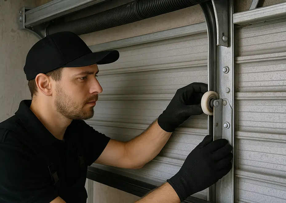 Black-uniformed technician checks garage door side roller