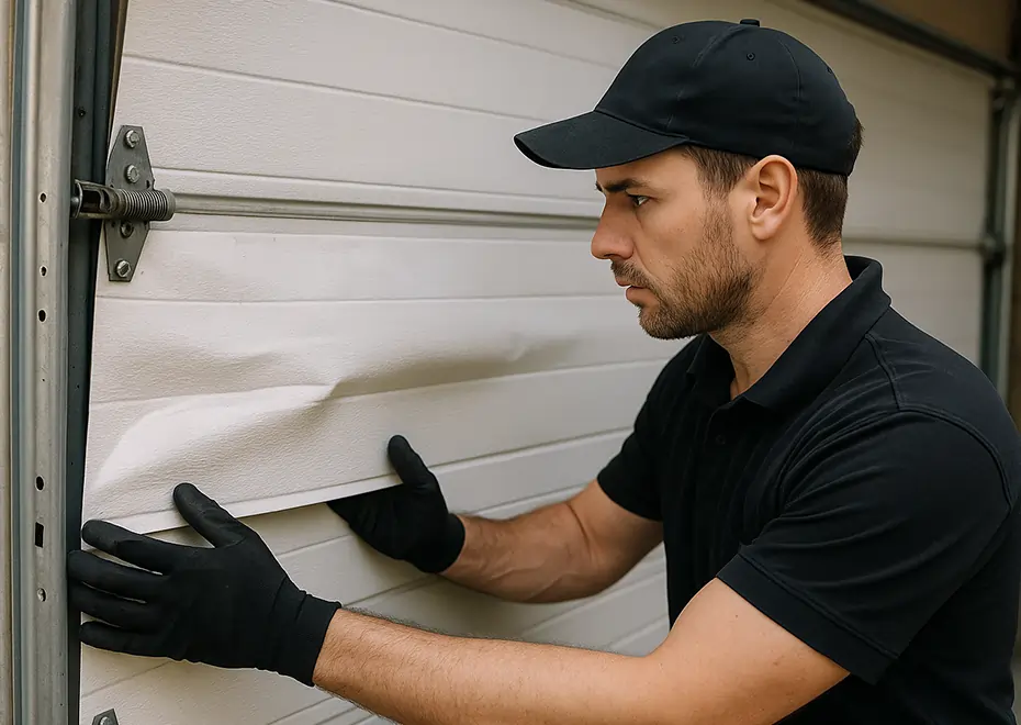 Technician in black uniform examining a damaged white garage door panel