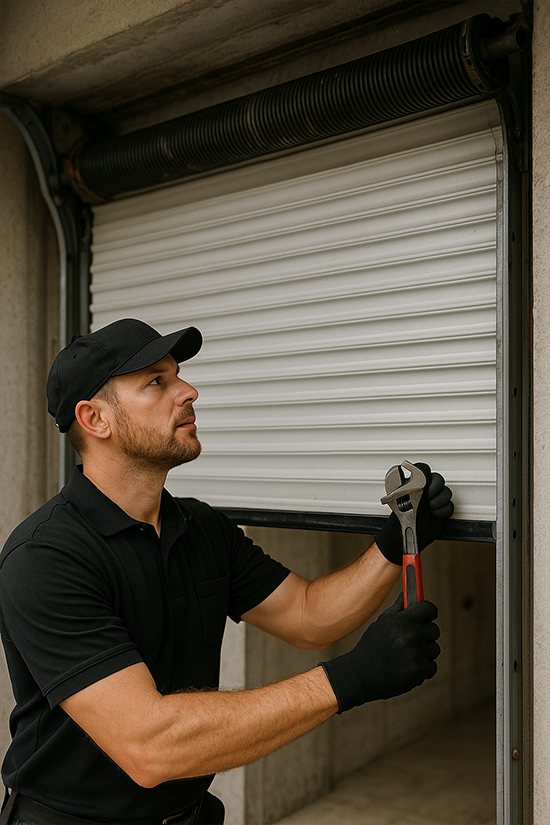 Technician adjusting roll up garage door spring during inspection