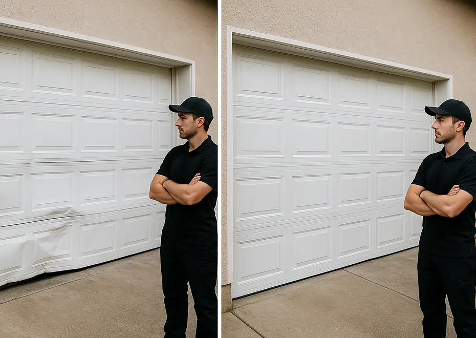 Damaged and repaired garage door with technician
