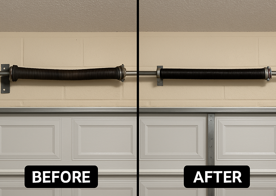 Damaged garage door spring next to fully repaired one