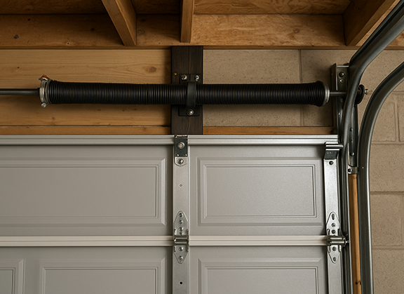 Torsion spring mounted above a garage door for smooth and controlled lifting