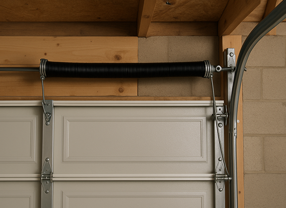 Extension spring installed along the garage door track for vertical door lift support