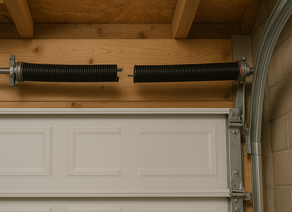 Close-up of a broken torsion spring above a sectional garage door