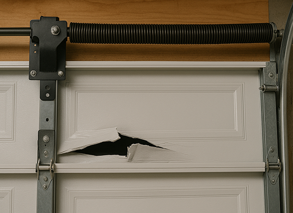 Cracked garage door panel from spring failure or slamming shut